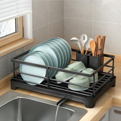 Carbon Steel Kitchen Storage Rack Drainer Tray Ventilation Dish Drying Rack Space-saving Stable Plates Organizer with Drainboard