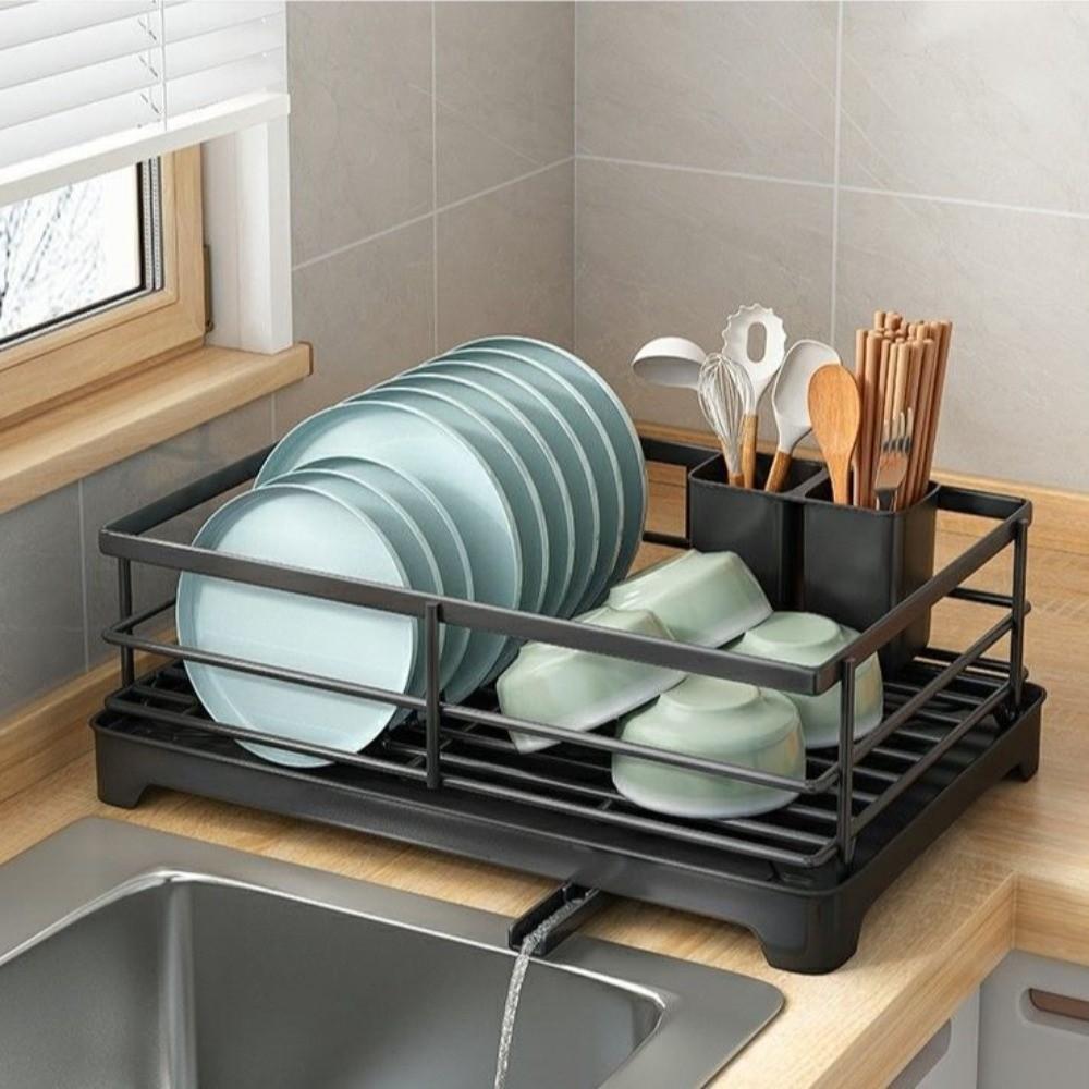 Carbon Steel Dish Drying Rack Drainer Tray Plates Organizer with Drainboard  Household