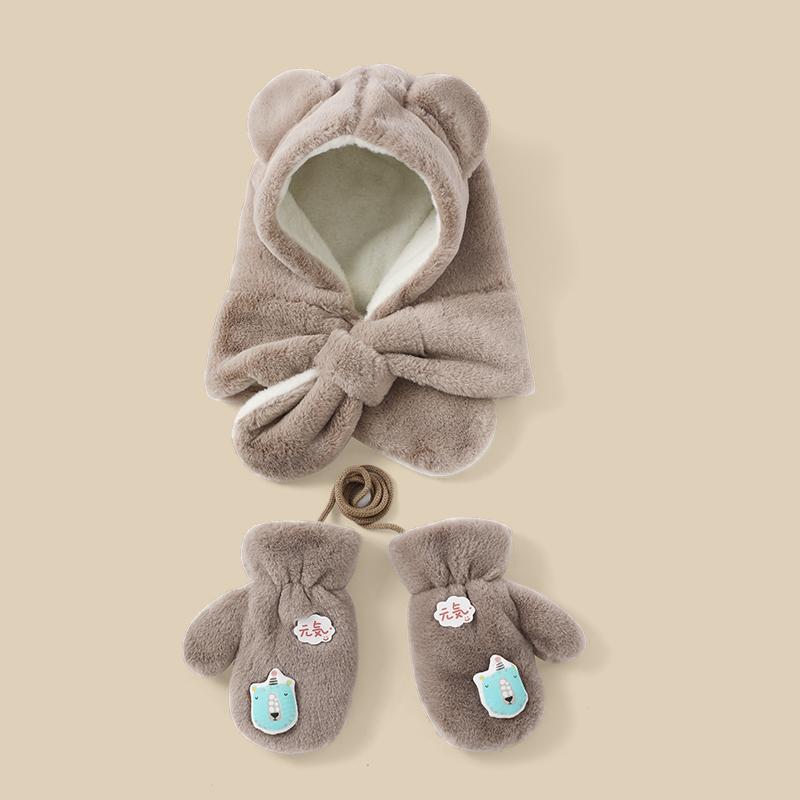 Winter Outdoor Windproof Warm Fur Soft Gloves Hats Set for Kids коричневый