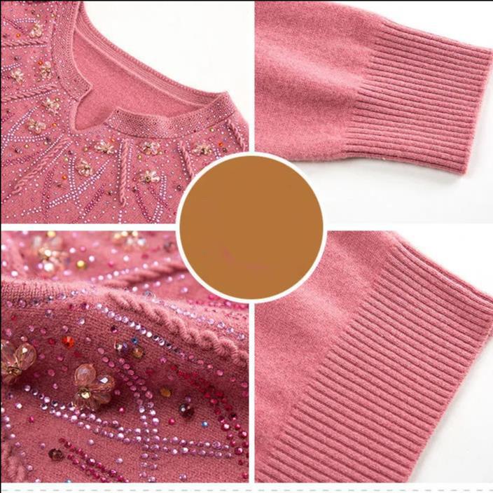 Autumn Winter Imitation Cashmere Knitted Sweater Embroidered with Diamonds Women's Loose Oversized Base Sweater