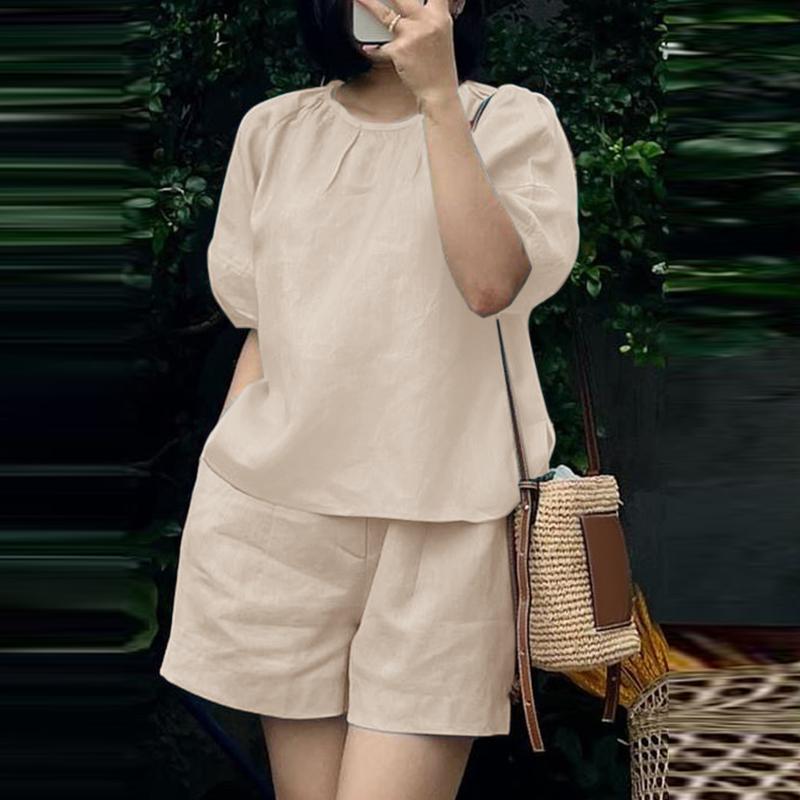 ZANZEA Lässiges Zweiteiler-Set aus Bluse und Shorts für Damen mit halblangen Ärmeln