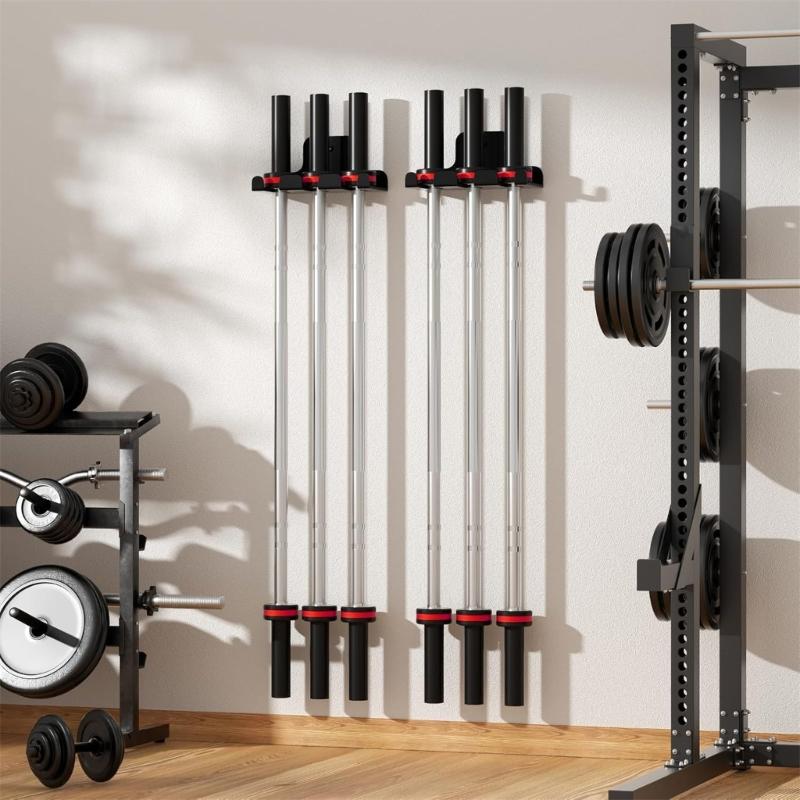 Vertical Wall Mounted Barbell Storage Rack Metal Design for Organizing Fitness Equipment in Home Garage and Gym Spaces