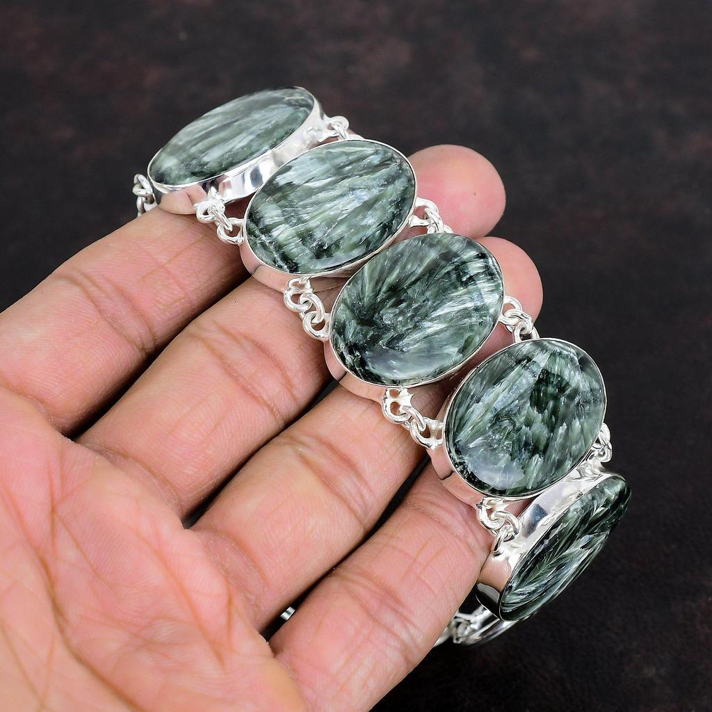 Seraphinite Gemstone Bracelet 925 Sterling Silver Bracelet Adjustable Chain Bracelet Amazing Silver Jewelry Handmade Bracelet Gifts for Wife