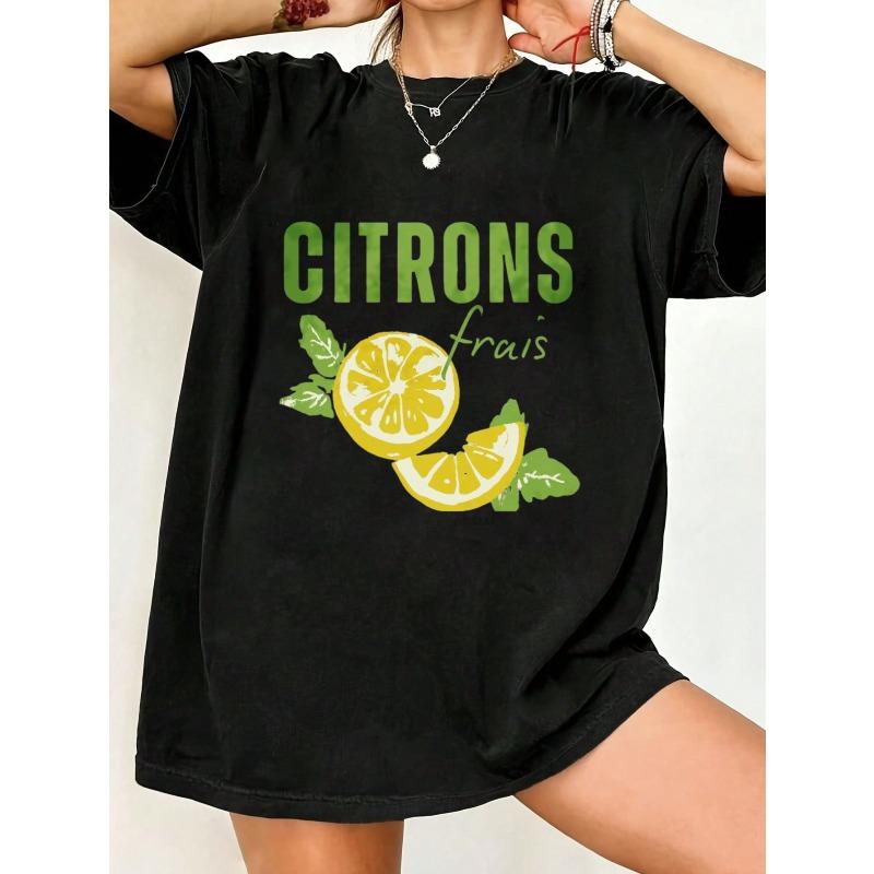 

Oversized T Shirt Black Citrons Frais Lemon Print And Text Summer Casual Wear S