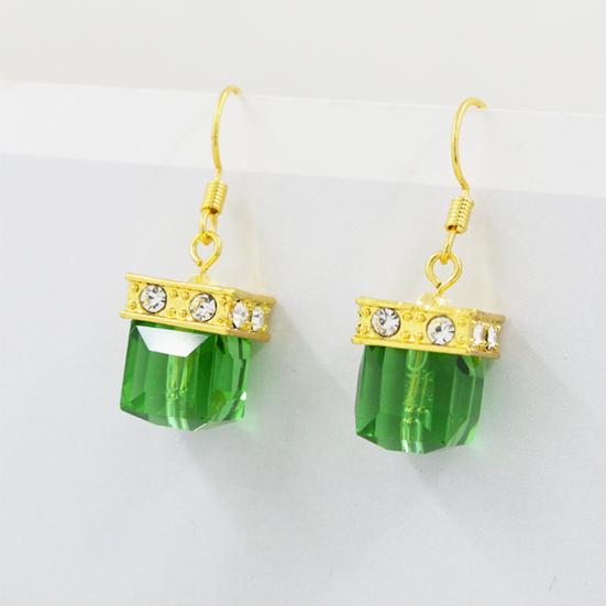 Women Faux Gemstone Rhinestone Square Dangle Drop Hook Earrings Jewelry