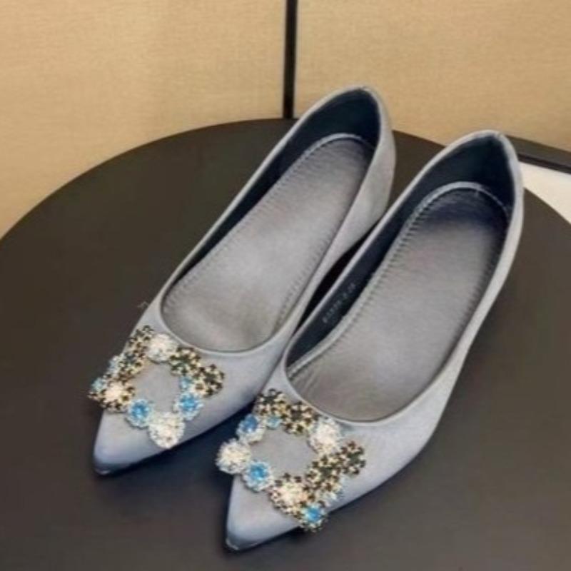 Fashion Women's Fashion Pointed Toe Shallow Slip Rhinestone Square Buckle Soft Sole Non-Slip Flat Inside Heightening Single Shoes