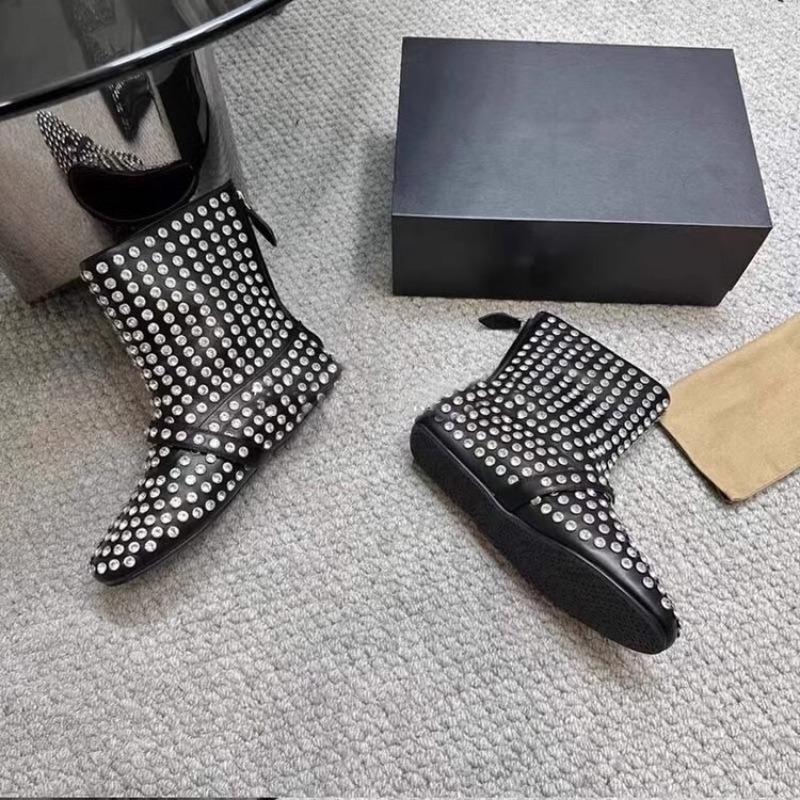 New Black Round Head Flat Bottom Willow Nails Rhinestone Mesh Cool Boots Catwalk Sexy Short Boots Trendy Girl