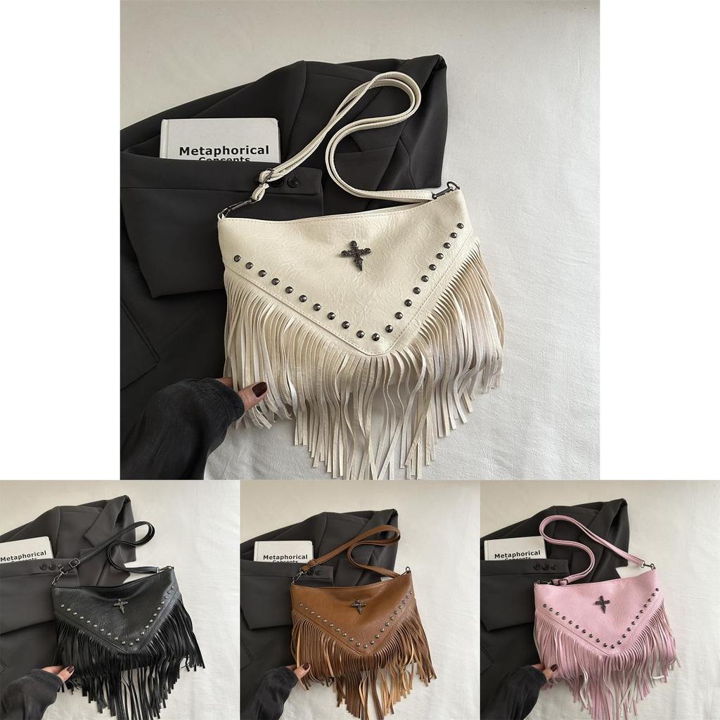 Bohemian Fringe Single Shoulder Bag With Rivets Pu Material For Casual Day Use