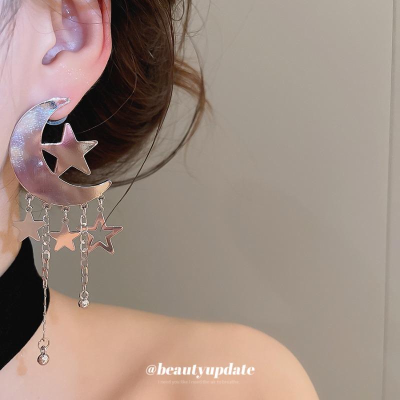 Phantom Moon Meteor~ Silver Needle Moon Star Tassel Earrings Yk Sweet Cool Spice Girl Wind Earrings Design Sense Niche Earrings