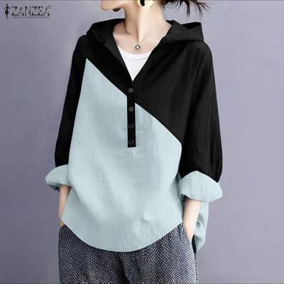 Women Casual V-Neck Loose Long Sleeve Patchwork Hoodies Blouse