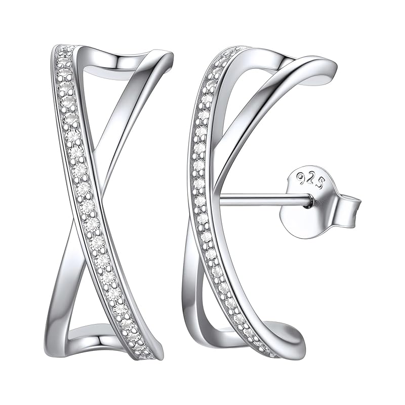 

[ChicSilver] earrings ladies Popularity silver 925 C type ear cuff style earrings zirconia cross for both ears cute accessories