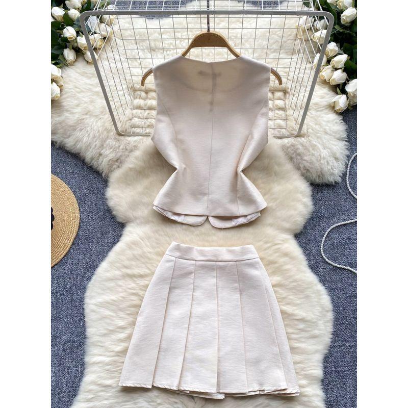 French Socialite Fancy Classic Style Three-Dimensional Flower Sleeveless Waistcoat Vest Pleated Skirt Summer Two-piece Set
