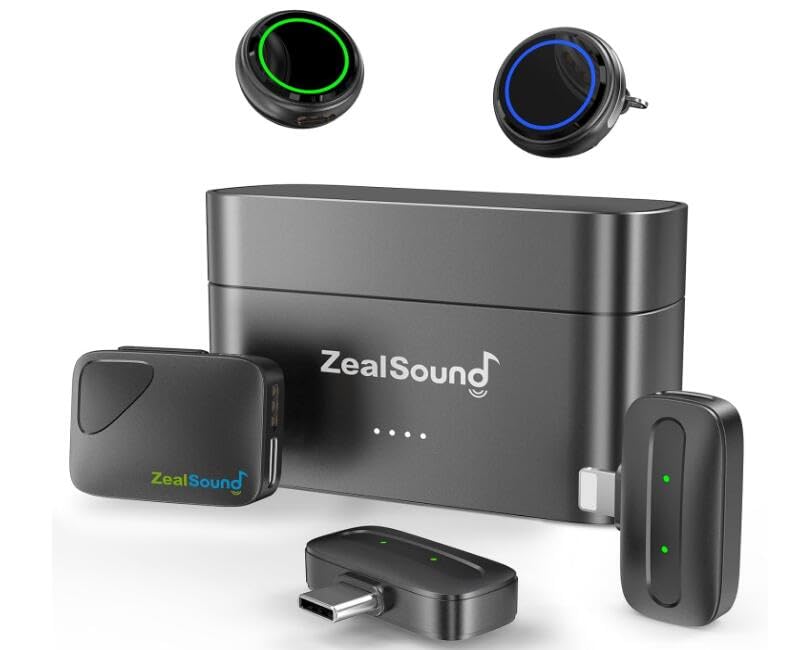 

ZealSound Wireless Lavalier Microphone 3 TX 2 RX Charging Instant Noise 40 Hours of 300m Transmission - + + Case, USB-C/Lightning/Camera,