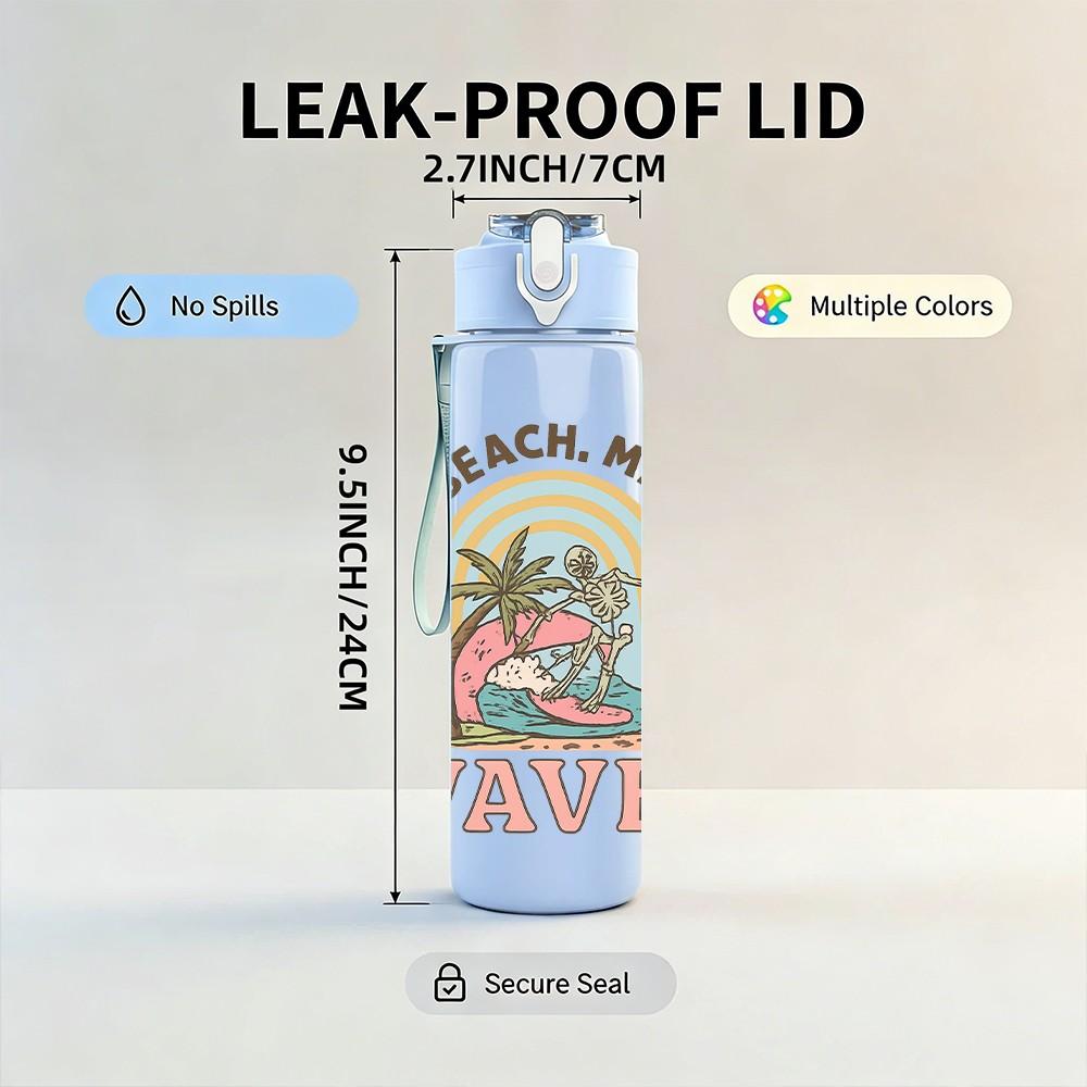 1PC Beach Waves Tropical Print 750ml Color Plastic Sports Water Bottle Leakproof Flip Straw Lid Suitable for Sports Office Home Use