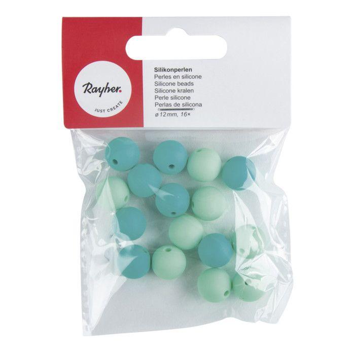 Perles en silicone, 12mm ø, tons menthe, 16 pces