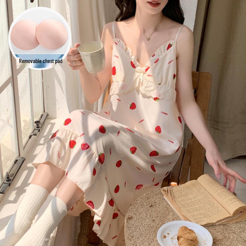 2025 Sweet Princess Style Cloud Cotton Camisole Set with Chest Pads for Women - Summer Home Pajamas