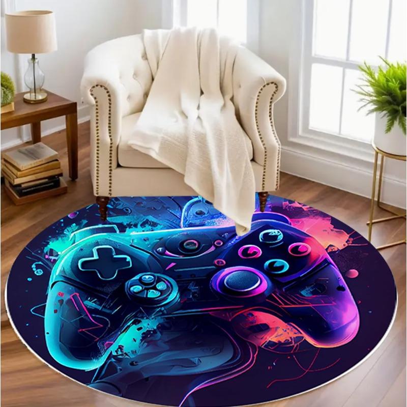 Cyber Game Controller Round Rug Neon Game Console Pattern Carpet Soft Non-Slip Circle Mat for Living Room Bedroom