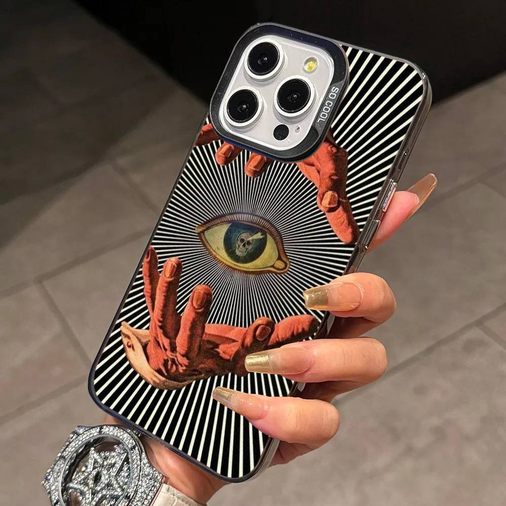 Big Eyes Trendy Print Lines Phone Case For iPhone 17,16,15,14,13,12,11 Plus,Pro Max,XS,Colored Silver Plated Inside Cover