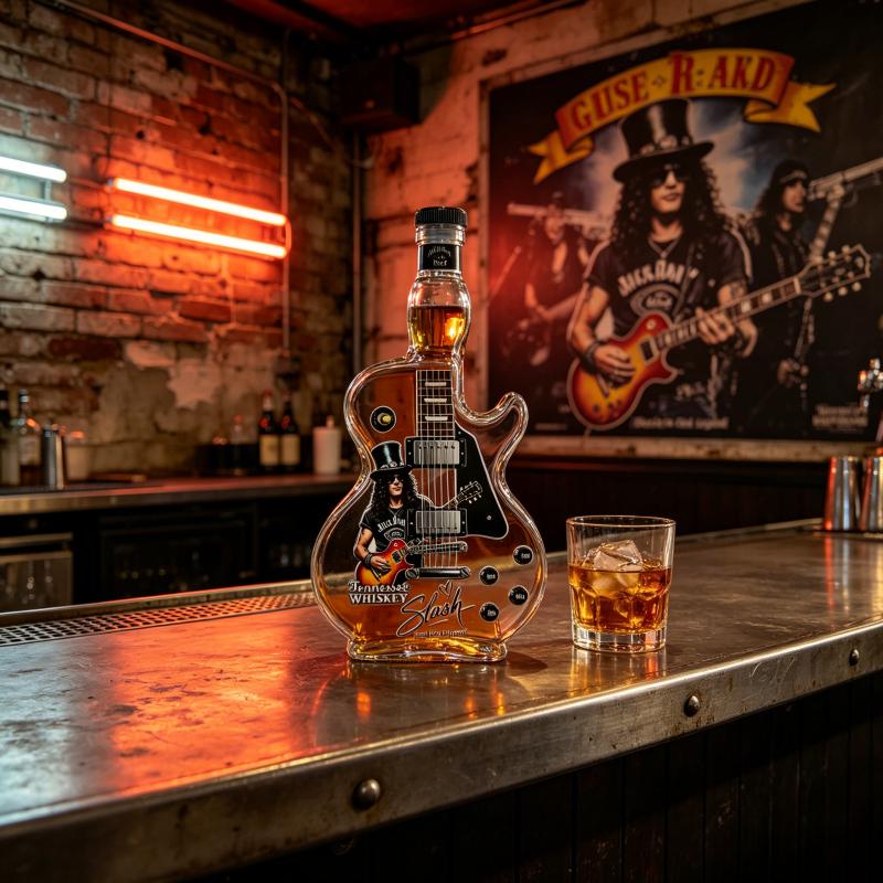 Slash Guitar Shaped Whiskey Decanter, Guns N' Roses Themed Liquor Bottle, Tennessee Whiskey Collectible Barware for Rock Fans