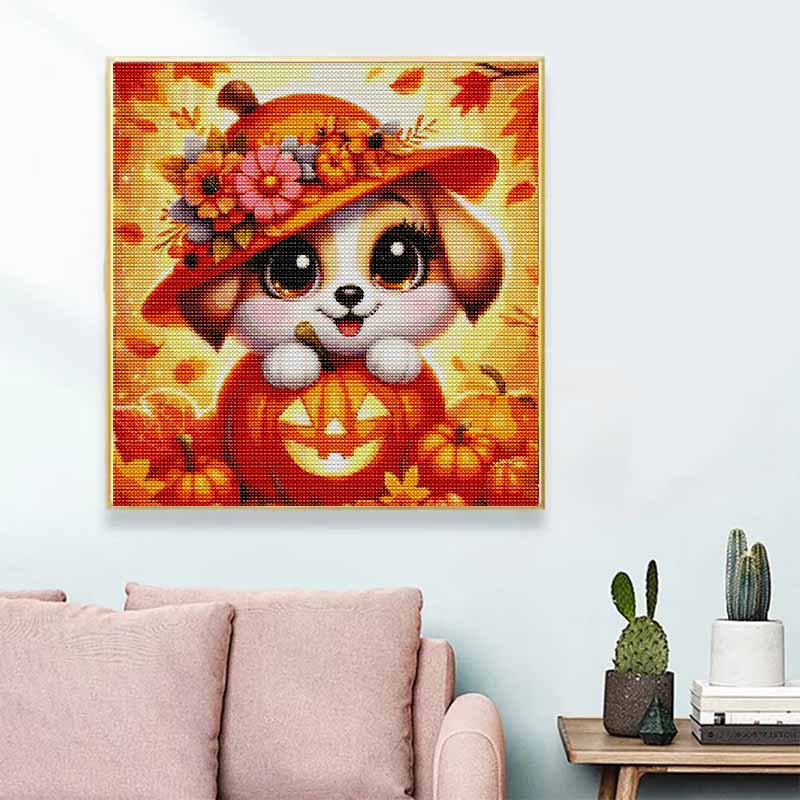 DIY Full Drill Diamond Painting Canvas Cute Puppy In Pumpkin Pattern Creative Craft Kit for Modern Home Decor and Wall Art Gift