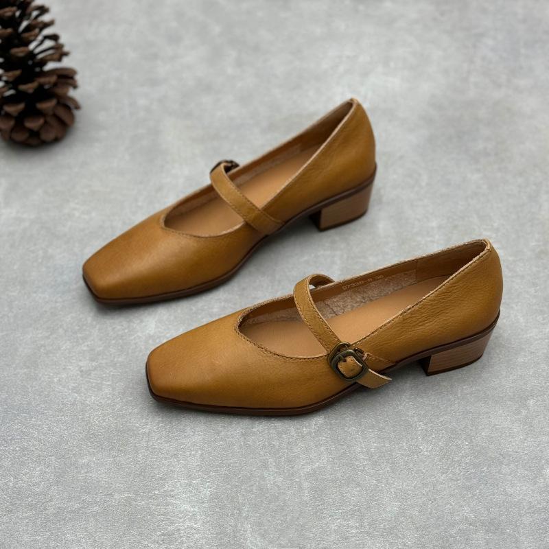 Johnature Echtes Leder Dicke Absätze Retro Damen Pumps Retro Eckige Zehenpartie Mary Jane Absatzschuhe