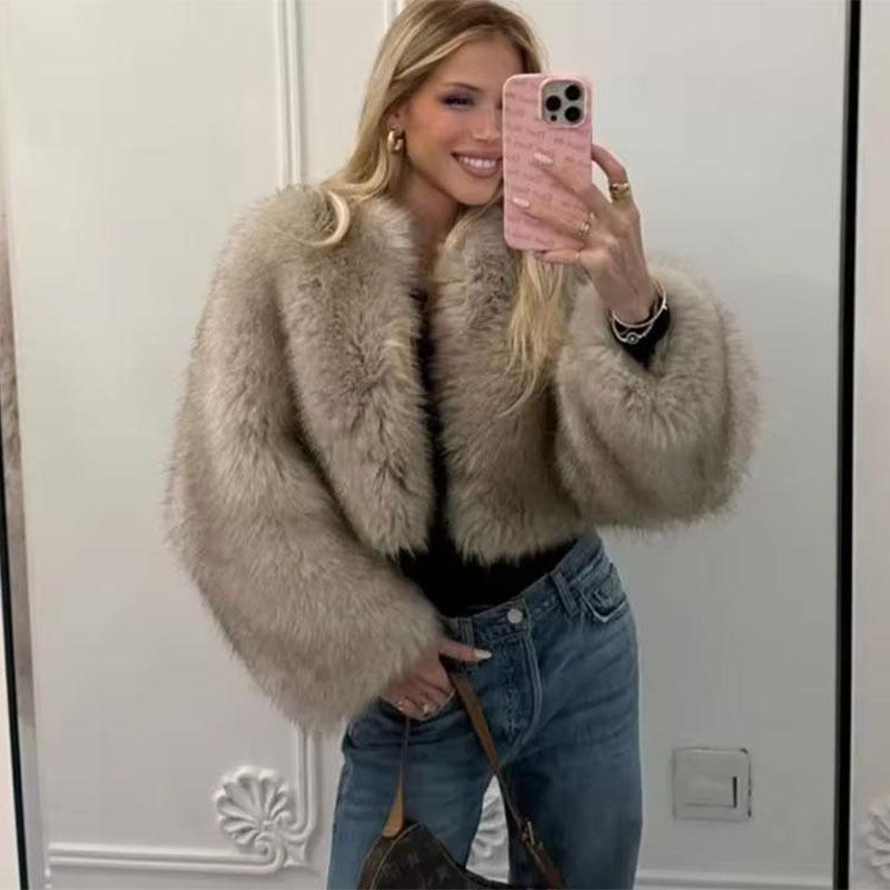 Winter warm new women's round neck imitation fox hair loose long sleeve Mao Mao jacket