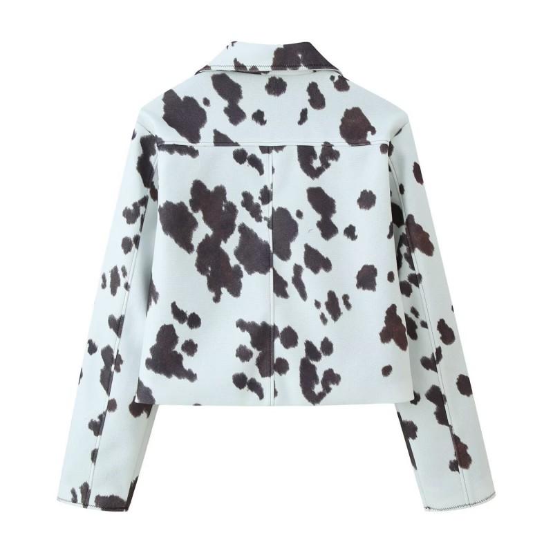 Womens French Style Irregular Animal Print Short Jacket Street Fashion Button Front Coat