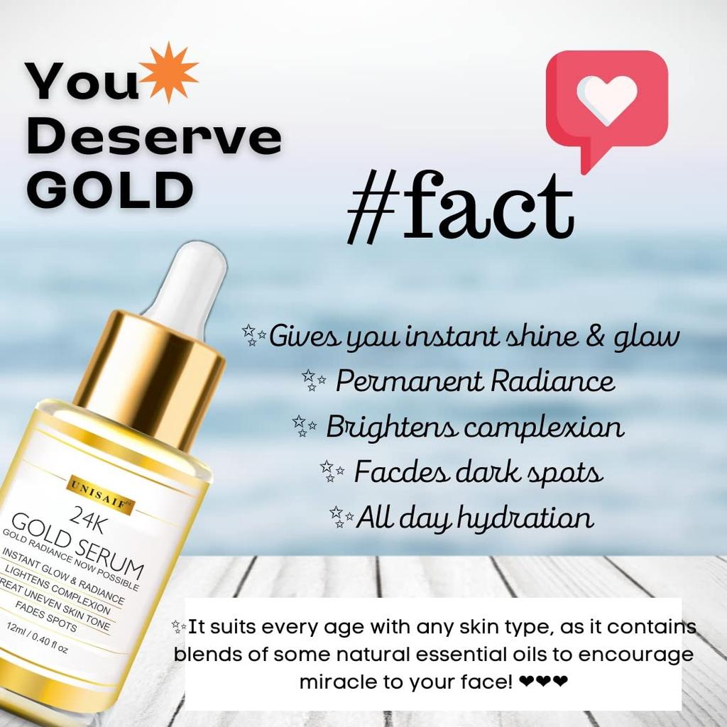 UNISAIF 24k Gold Face Serum for Glowing Skin - Vitamin C Serum | Hydrating Serum for Face Glowing and Whitening | Dark Spot Correcting Glow | Pore