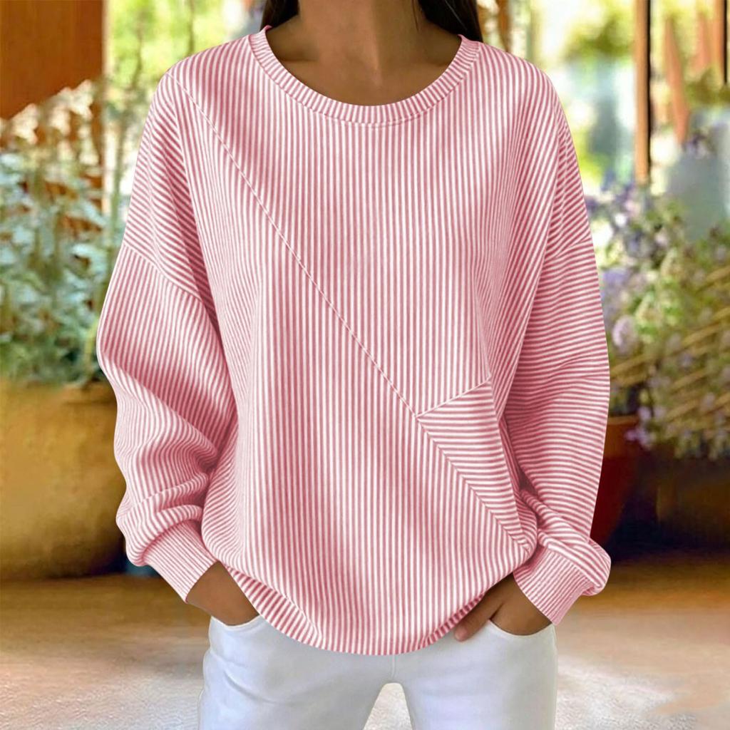 Sweatshirt à rayures pour femme, col rond, manches longues, haut pull décontracté
