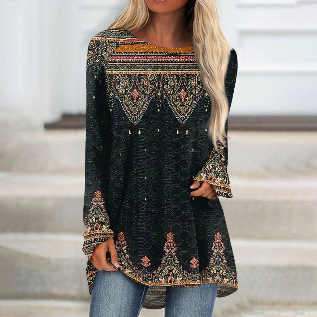 Damen Oberteile Rundhals Langarm Blusen Lässige Mittellange Hemden Mode Druck Tunika-Tops