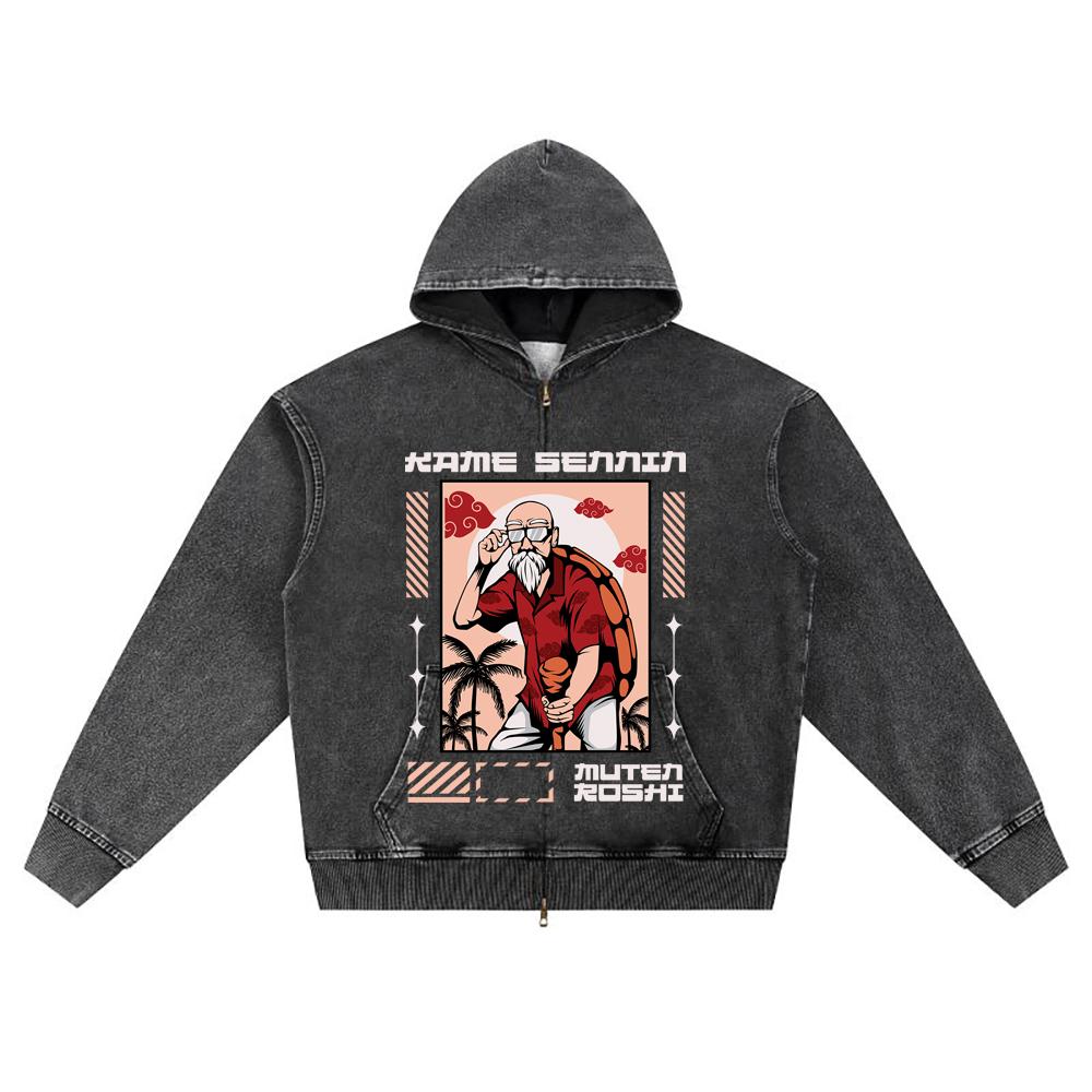 DTG print Knitted Denim Zip-Up Hoodie anime streetwear Brother Print Zipper Hoodies  