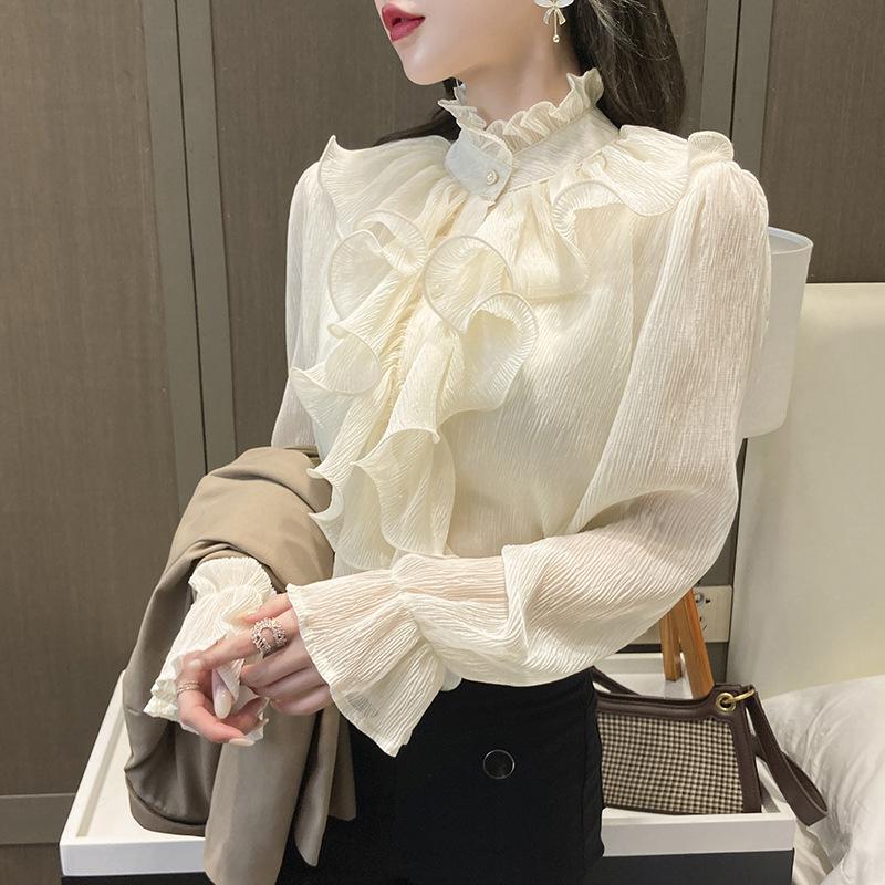 Jarní a podzimní volánová košile z šifonu s dlouhým rukávem Pohodlná jednobarevná košile pro dojíždění