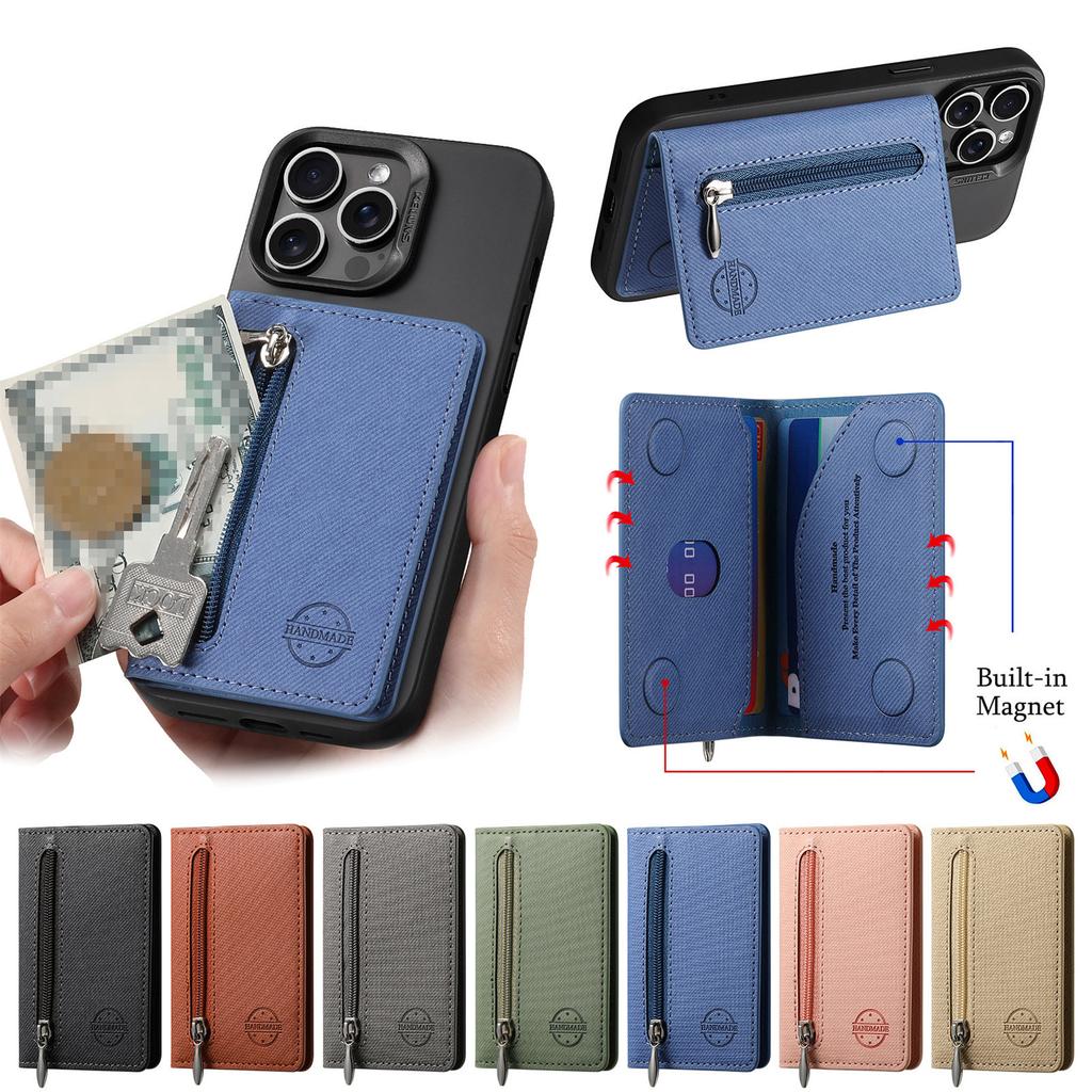 Mobile Phone Case Card Holder With PU Leather Back Sticker Card Bag Portable Zipper Wallet Stand For iPhone 16 Pro Max 15 14 13