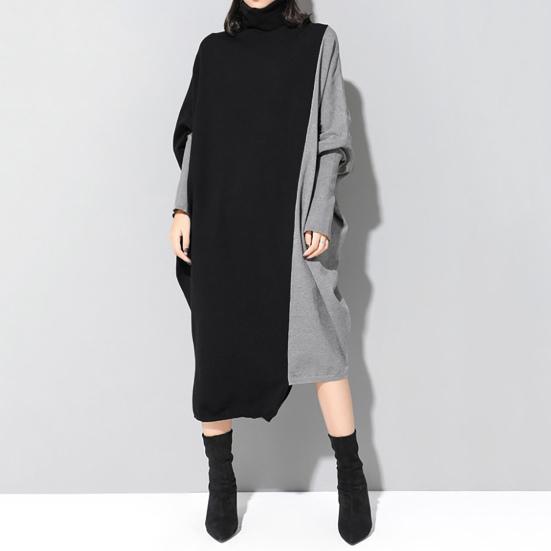 Turtleneck Batwing Long Sleeve Loose Fit Draped Women Dress Autumn Winter Contrast