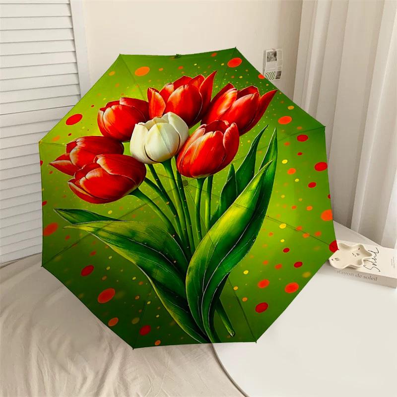 

1PC Tulips Flowers Umbrella-8-Rib Reinforced Portable Folding Travel Suitable for All Seasons Outdoor Daily Use-H0345