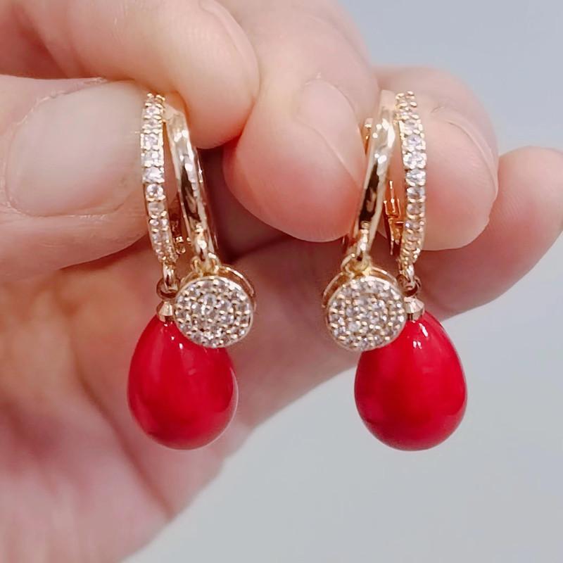 Trendy Red Imitation Pearls Drop Earrings for Women Fashion Zircon Hoop Earring Jewelry Party Accessories