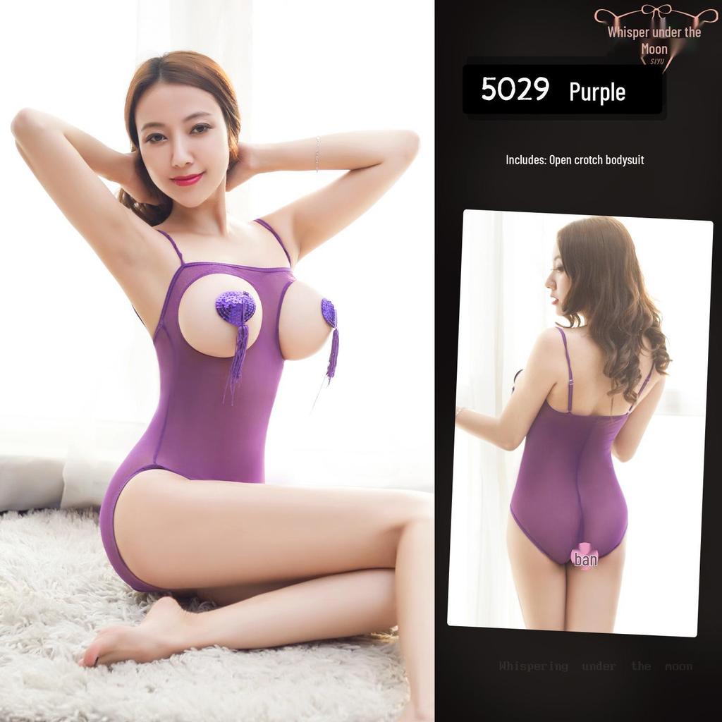 Sheer Mesh Open-Cup Garter Bodysuit with Open Crotch