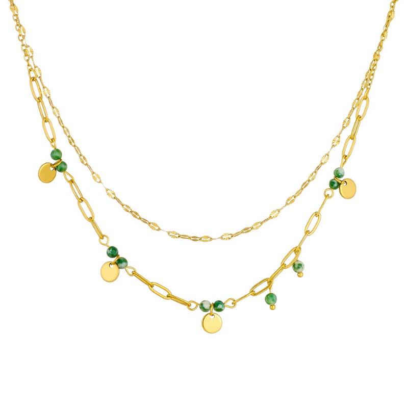 Gold Green Bead Disc Layered Necklace for Women