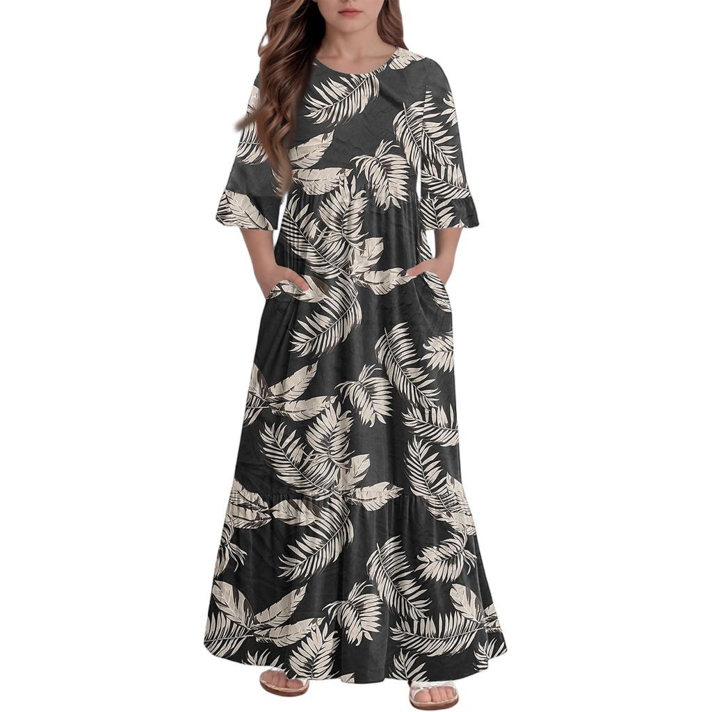 Mädchen Stufenkleid mit Rüschen - 3/4 Ärmel Taschen Maxi mit Taschen