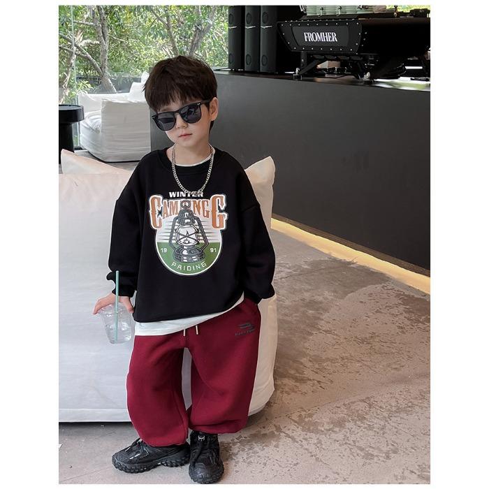 Spring Children's Sports and Leisure Hoodie, Cartoon Printed Single Piece Loose Round Neck Top for Big Boys