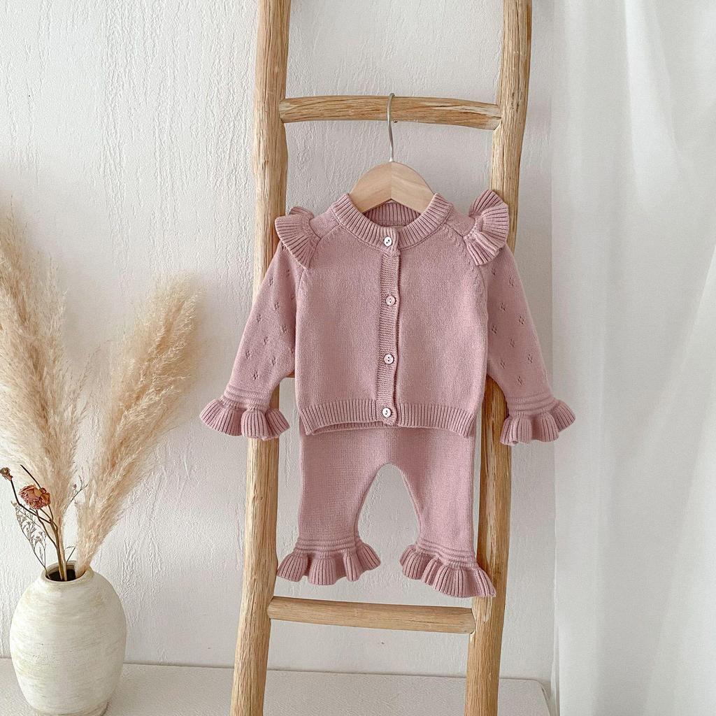 Girls' Korean Style Solid Color Cardigan Sweater and Trousers Two-Piece Set - Warm Knitted Lace Suit for Autumn and Winter