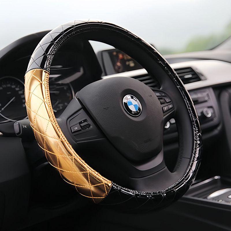 

Marcia All Year Round Neutral Patent Leather Car Steering Wheel Cover Sewing Free Men s and Women s Fashion Black Gold Car Handle Cover Black (Plain)