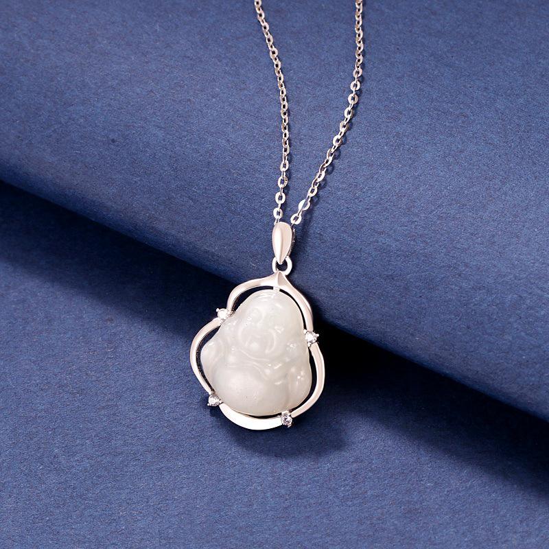 S925 Sterling Silver Hetian Jade Maitreya Buddha Pendant Necklace - Women's Ancient Chinese Style Clavicle Chain Gift