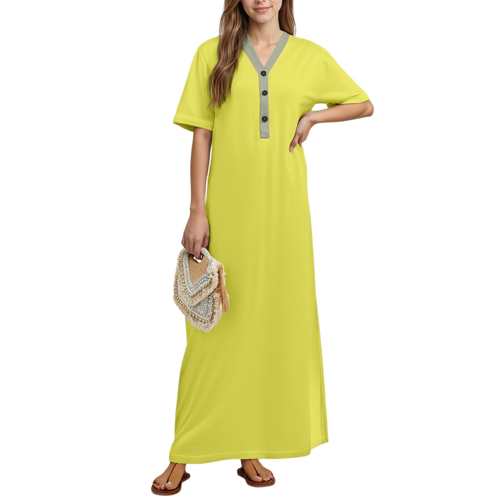 

Women s Nightgown Home Clothes Short Sleeve Nightgown With Pockets Long Dress XXL жовтий