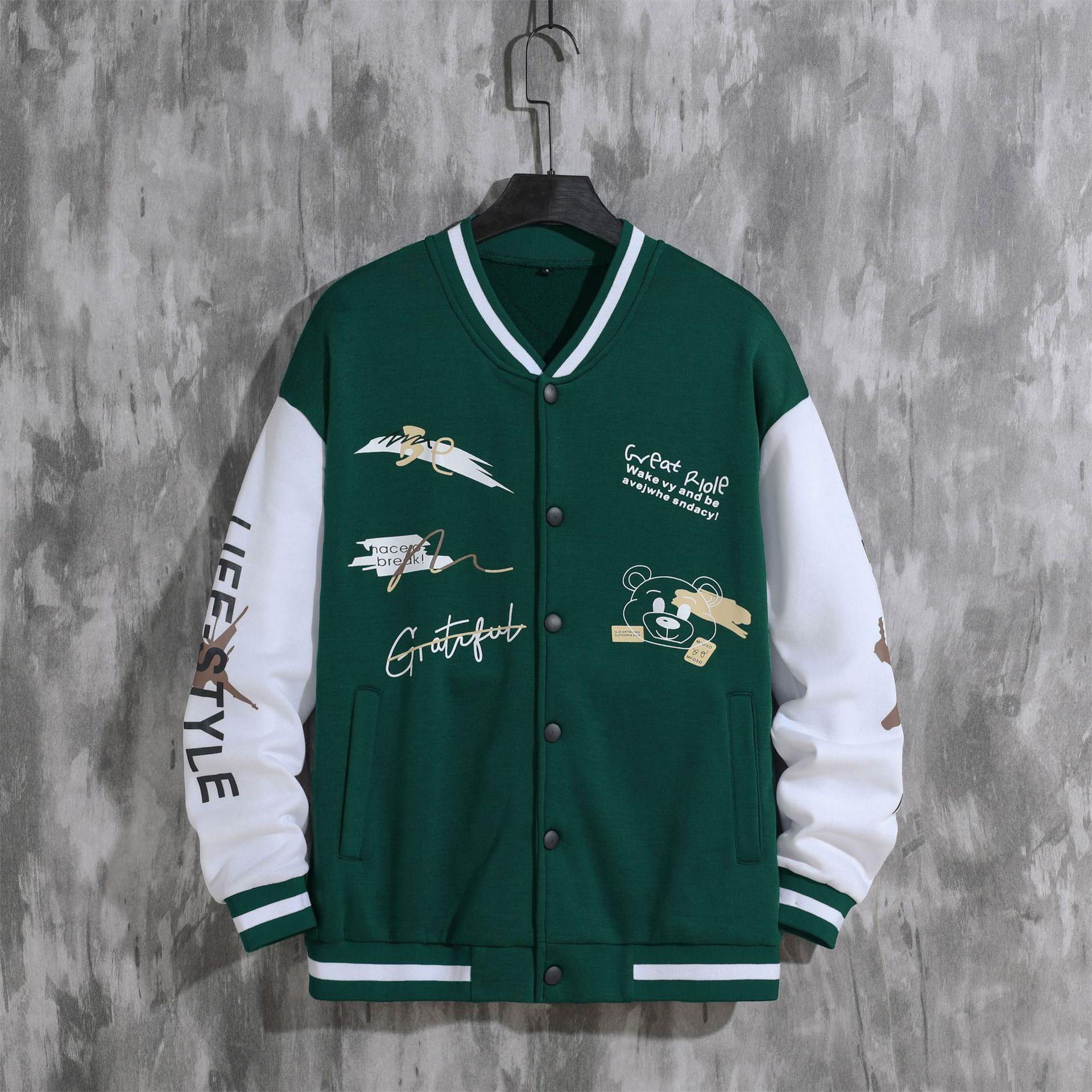 

Мужская весенне-осенняя куртка, крутая уличная мода для мальчиков, бейсбольная форма с забавным принтом, уличная одежда в стиле хип-хоп, повседневное пальто на пуговицах M темно-зеленого