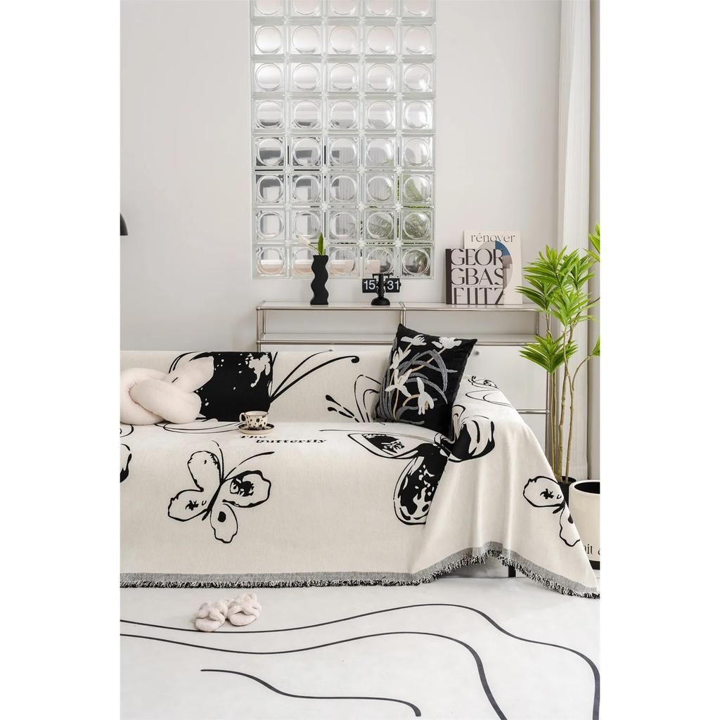 Nordic Butterfly Floral Print Soft Sofa Towel Blankets Outdoor Camping Picnic Large Blanket Leisure Towel White Travel Sofa Mat