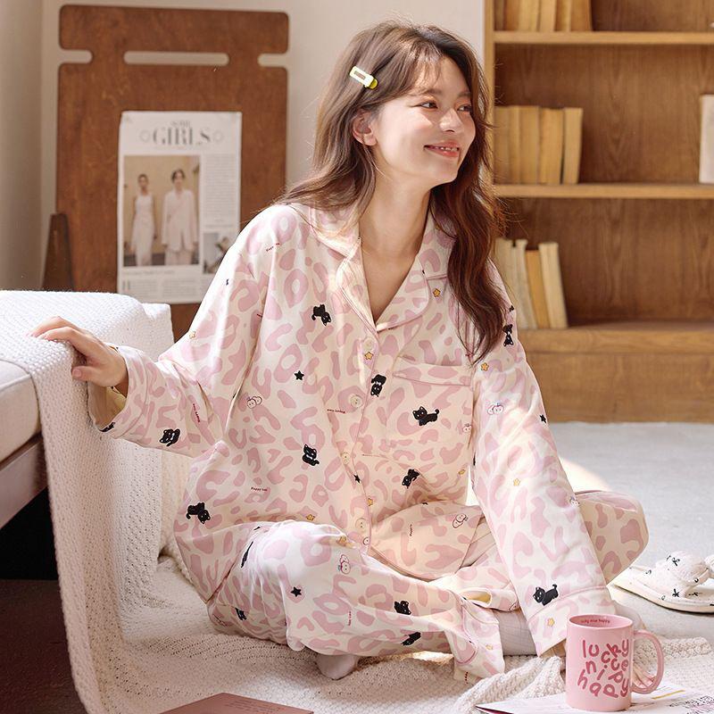 "Cute Dog Dachshund" ins cartoon spring and autumn striped pajamas women's cardigan long-sleeved loungewear autumn and winter suit