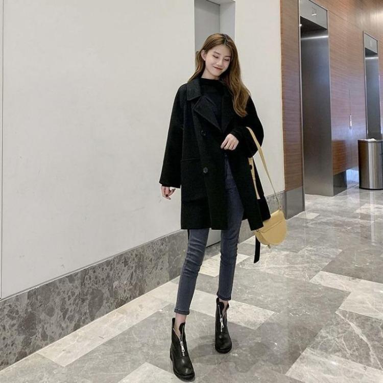 Korean Style Women Loose Woolen Jacket Mid Length Spring Autumn New