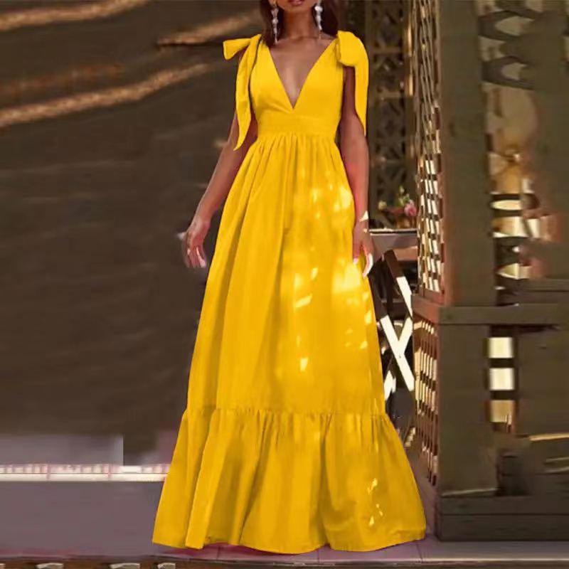 

Spring-Summer Deep V-Neck Backless Strappy Camisole Evening Gown L жёлтый