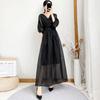 Women's Elegant Mesh Long Skirt, Monochromatic, V-Neck, Casual, Office Clothes, Lady, Summer Fashion